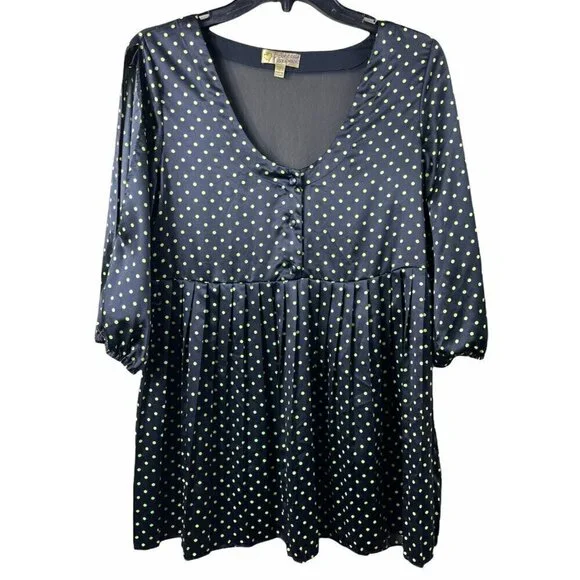 Princess Vera Wang 7 Tunic Top Dress Pleated Black Green Polka Dots Sheer Back - Picture 1 of 8